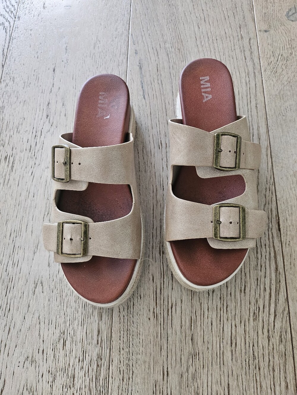 MIA Womens 9 Espadrille Platform Slide Sandals Buckle Ivory Cognac Wedge Boho
